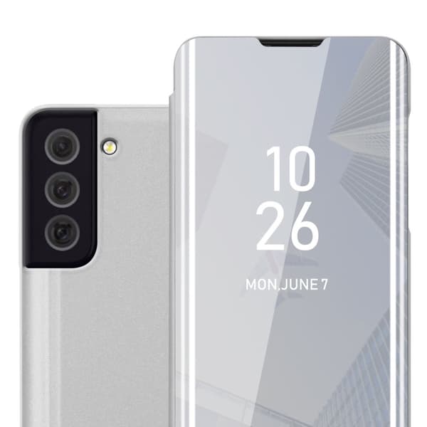 Etui for Samsung Galaxy S22 Deksel Clear View Mirror Beskyttelsesetui med stativfunksjon 360 graders beskyttelse AGATE SØLV