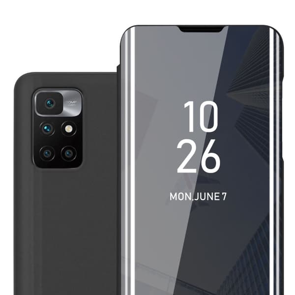 Xiaomi RedMi 10 Lompakkokotelo Matkapuhelinkotelo Suojakuori Clear View Mirror Suojakotelo jalusta toiminto 360 asteen suojaus TURMALIININ MUSTA