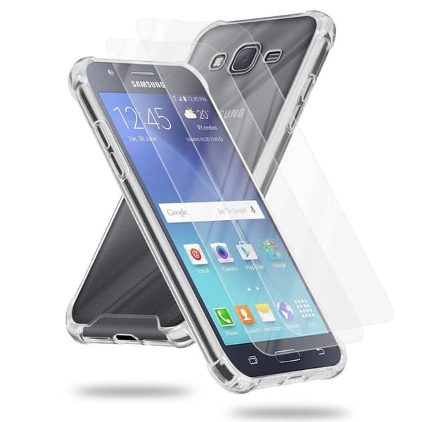 Skal och 2x härdat skyddsglas för Samsung Galaxy J7 2015 - Hybridskyddsomslag med TPU-silikonkant och akrylbaksida