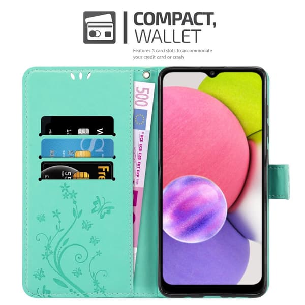 Deksel til Samsung Galaxy A03s Lommebokdeksel i blomster design med magnetisk lukking, stativfunksjon og kortplasser