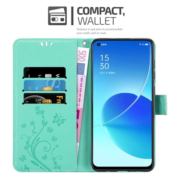Deksel til Oppo Reno6 5G Lommebokdeksel i blomster design med magnetisk lukking, stativfunksjon og kortplasser