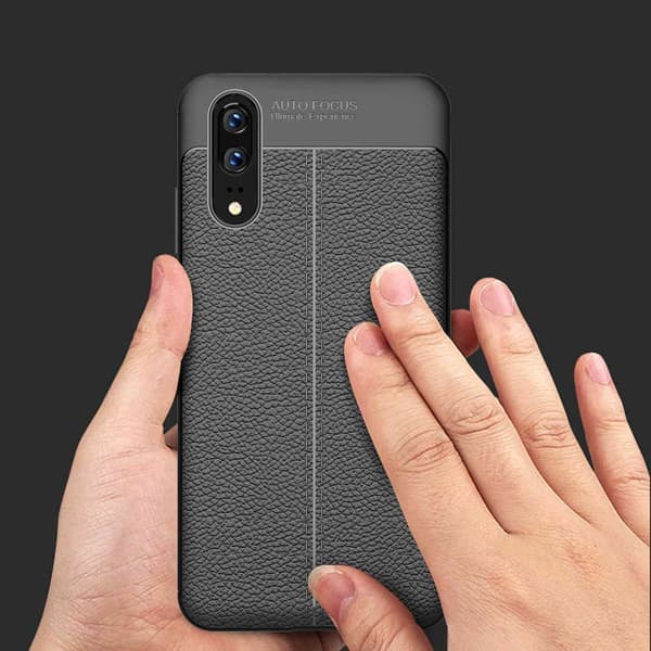 Huawei P20 Suojakuori Suojakotelo valmistettu TPU-silikonista jossa on jalo nahkajäljitelmä applikaatio