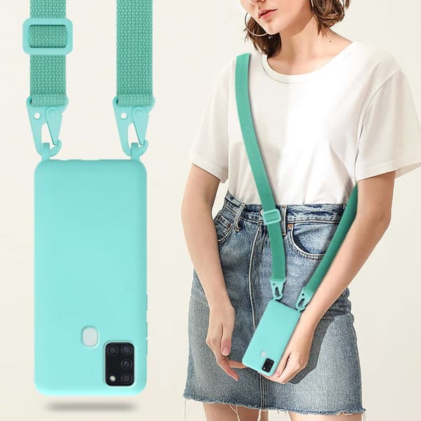 Deksel med Kedja for Samsung Galaxy A21s Silikonbeskyttelsesetui med lengdejusterbar ledningsstropp