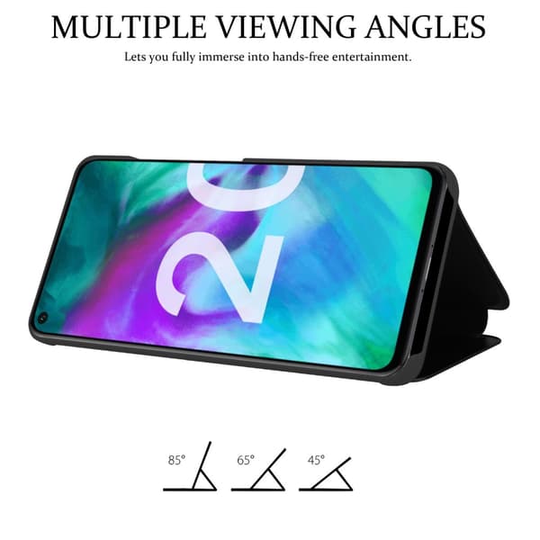 Honor 20 / 20S / Huawei NOVA 5T Lompakkokotelo Matkapuhelinkotelo Suojakuori Clear View Mirror Suojakotelo jalusta toiminto 360 asteen suojaus
