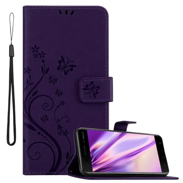 Nokia 6.1 Suojakotelo Suojakuori Lompakkokotelo Matkapuhelinkotelo Kukat jossa on magneettisuljenta, jalusta-toiminto ja korttipaikat FLOWER TUMMA VIOELTTI