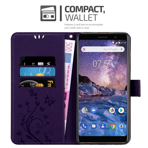 Nokia 7 PLUS Suojakotelo Suojakuori Lompakkokotelo Matkapuhelinkotelo Kukat jossa on magneettisuljenta, jalusta-toiminto ja korttipaikat