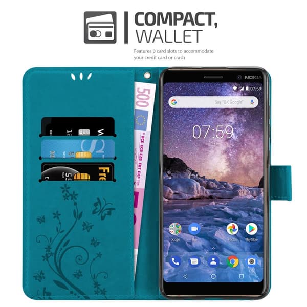 Nokia 7 PLUS Suojakotelo Suojakuori Lompakkokotelo Matkapuhelinkotelo Kukat jossa on magneettisuljenta, jalusta-toiminto ja korttipaikat