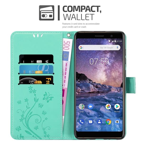 Nokia 7 PLUS Suojakotelo Suojakuori Lompakkokotelo Matkapuhelinkotelo Kukat jossa on magneettisuljenta, jalusta-toiminto ja korttipaikat