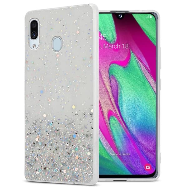 Samsung Galaxy A40 Suojakuori Suojakotelo joustavasta TPU-silikonista jossa on kimaltelevaa glitteriä Läpinäkyvä glitterillä