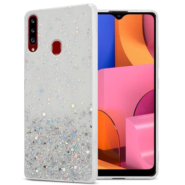 Samsung Galaxy A20s Suojakuori Suojakotelo joustavasta TPU-silikonista jossa on kimaltelevaa glitteriä Läpinäkyvä glitterillä
