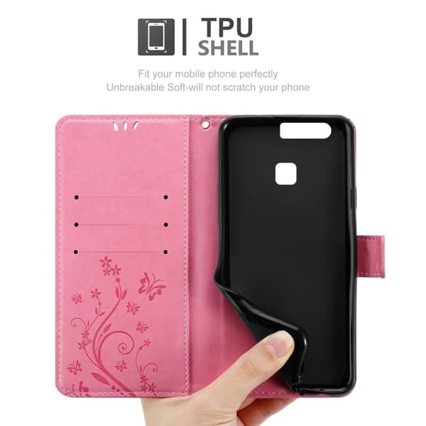 Deksel til Huawei P9 Lommebokdeksel i blomster design med magnetisk lukking, stativfunksjon og kortplasser