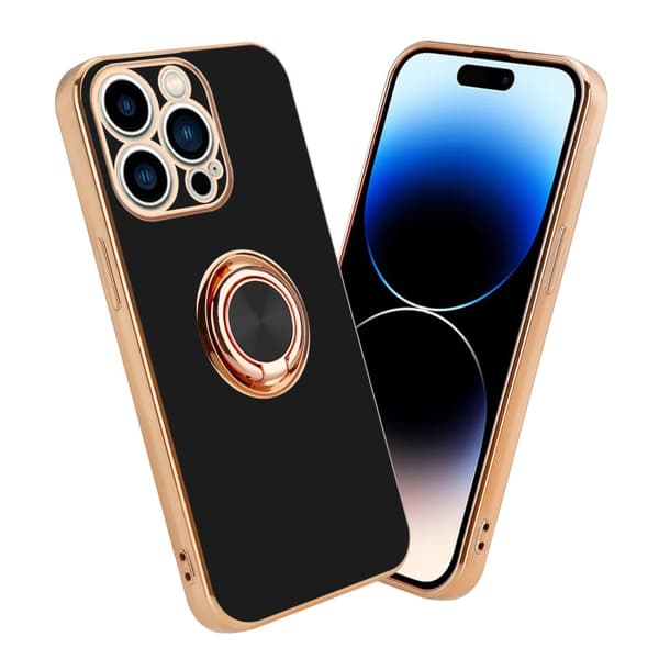 iPhone 14 PRO Suojakuori Suojakotelo valmistettu joustavasta TPU silikonista jossa on kameran suojaus ja magneettinen autoteline Kiiltävä musta - kulta