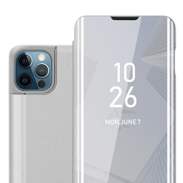 Etui for iPhone 13 Deksel Clear View Mirror Beskyttelsesetui med stativfunksjon 360 graders beskyttelse AGATE SØLV