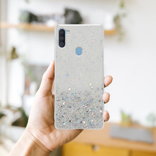 Samsung Galaxy A11 / M11 Suojakuori Suojakotelo joustavasta TPU-silikonista jossa on kimaltelevaa glitteriä