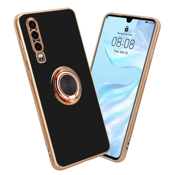 Deksel til Huawei P30 med ring Etui av fleksibel TPU-silikon, med kamerabeskyttelse magnetisk bilholder Glossy Black - Gull