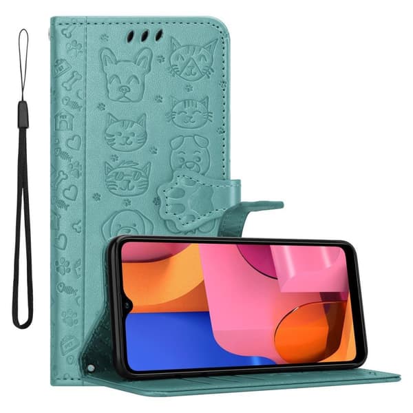 Samsung Galaxy A20s Skal Fodral Plånboksfodral Case Söta hundar och katter Mobilskydd med ståfunktion och kortplatser SHINY GRÖN
