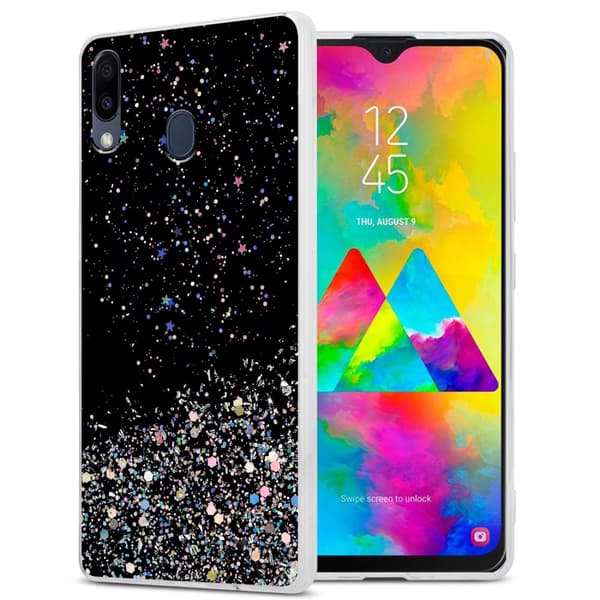 Deksel til Samsung Galaxy M20 med glitrende glitter Svart med glitter