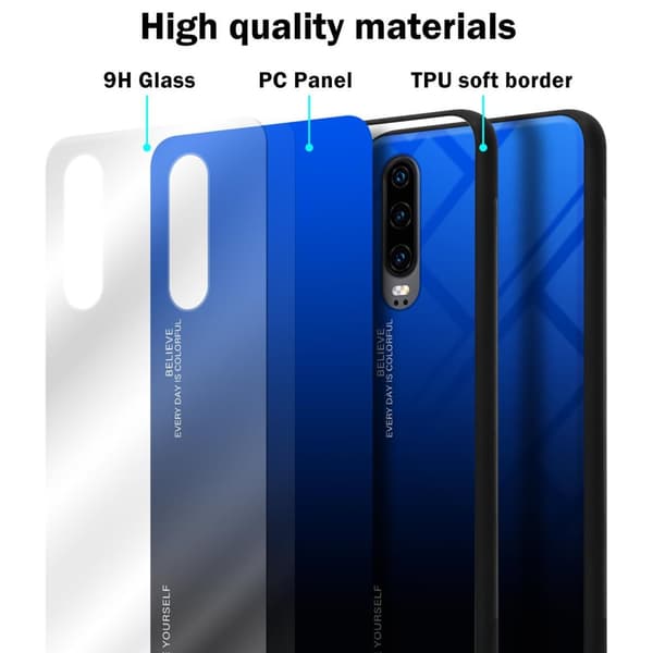 Huawei P30 Suojakuori Suojakotelo Kaksivärinen joka on valmistettu TPU-silikonista ja jonka takaosa on valmistettu karkaistusta lasista