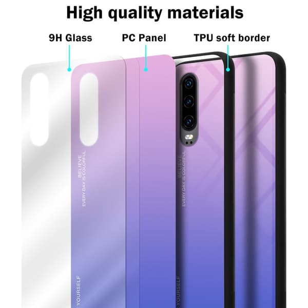 Huawei P30 Suojakuori Suojakotelo Kaksivärinen joka on valmistettu TPU-silikonista ja jonka takaosa on valmistettu karkaistusta lasista