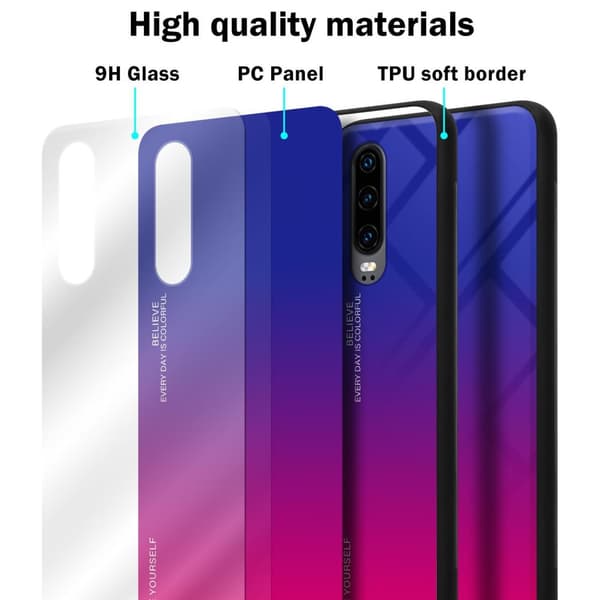 Huawei P30 Suojakuori Suojakotelo Kaksivärinen joka on valmistettu TPU-silikonista ja jonka takaosa on valmistettu karkaistusta lasista