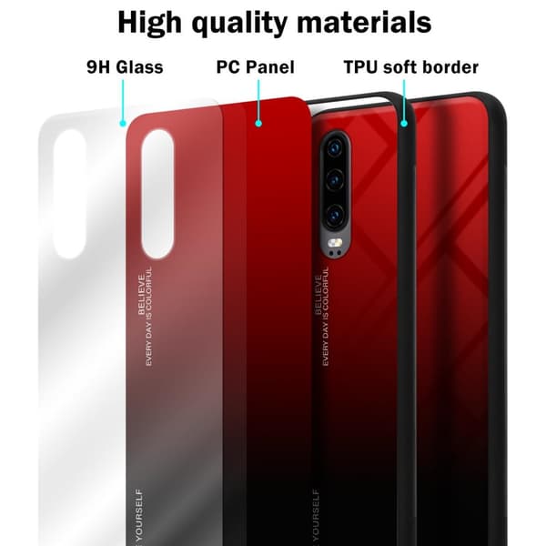 Huawei P30 Suojakuori Suojakotelo Kaksivärinen joka on valmistettu TPU-silikonista ja jonka takaosa on valmistettu karkaistusta lasista