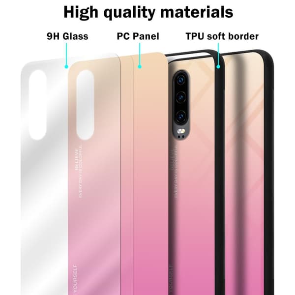 Huawei P30 Suojakuori Suojakotelo Kaksivärinen joka on valmistettu TPU-silikonista ja jonka takaosa on valmistettu karkaistusta lasista