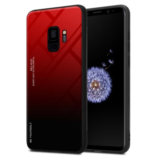 Samsung Galaxy S9 Suojakuori Suojakotelo Kaksivärinen joka on valmistettu TPU-silikonista ja jonka takaosa on valmistettu karkaistusta lasista PUNAINEN - MUSTA