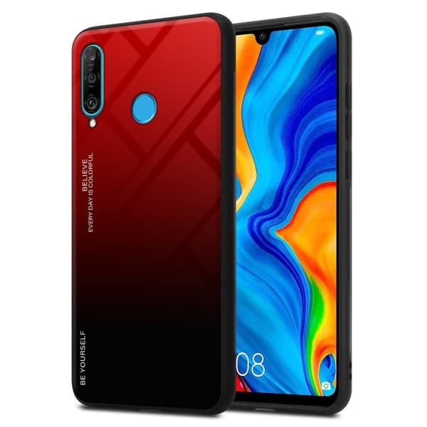 Huawei P30 LITE Suojakuori Suojakotelo Kaksivärinen joka on valmistettu TPU-silikonista ja jonka takaosa on valmistettu karkaistusta lasista