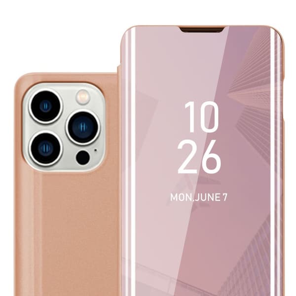 Etui for iPhone 14 PRO MAX Deksel Clear View Mirror Beskyttelsesetui med stativfunksjon 360 graders beskyttelse KUNZITE ROSE