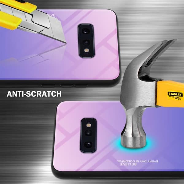Samsung Galaxy S10e Suojakuori Suojakotelo Kaksivärinen joka on valmistettu TPU-silikonista ja jonka takaosa on valmistettu karkaistusta lasista