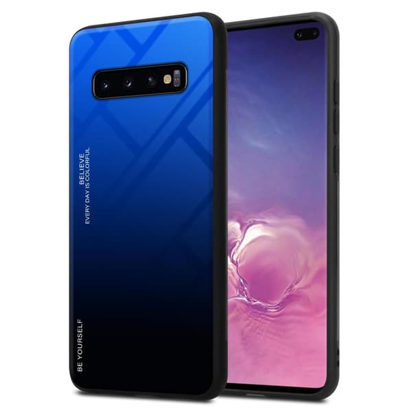 Samsung Galaxy S10 PLUS Suojakuori Suojakotelo Kaksivärinen joka on valmistettu TPU-silikonista ja jonka takaosa on valmistettu karkaistusta lasista SININEN MUSTA