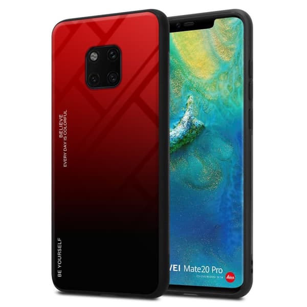 Huawei MATE 20 PRO Skal Fodral i två färger av TPU-silikon och baksida av härdat glas Case Cover Mobilskydd RÖD - SVART