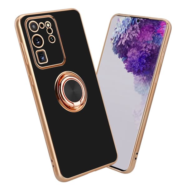 Samsung Galaxy S20 ULTRA Suojakuori Suojakotelo valmistettu joustavasta TPU silikonista jossa on kameran suojaus ja magneettinen autoteline Kiiltävä musta - kulta