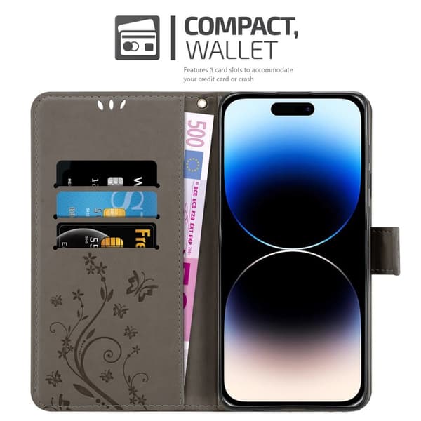 Deksel til iPhone 14 PRO MAX Lommebokdeksel i blomster design med magnetisk lukking, stativfunksjon og kortplasser