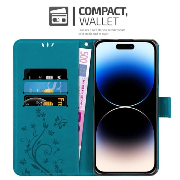 Deksel til iPhone 14 PRO MAX Lommebokdeksel i blomster design med magnetisk lukking, stativfunksjon og kortplasser