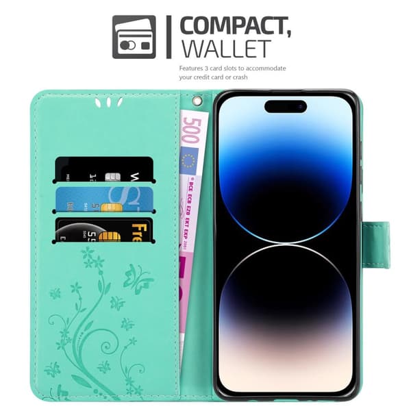 Deksel til iPhone 14 PRO MAX Lommebokdeksel i blomster design med magnetisk lukking, stativfunksjon og kortplasser