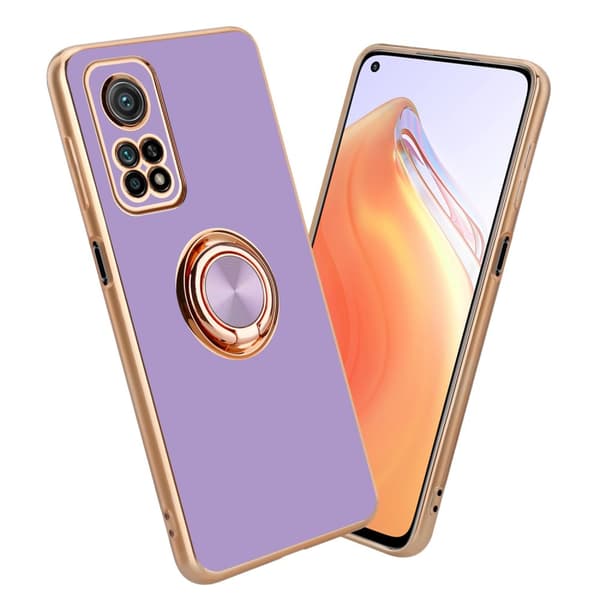 Xiaomi Mi 10T / Mi 10T PRO Skal Fodral med ring av flexibel TPU-silikon, med kameraskydd och magnetisk bilhållare Glossy Ljus Lila - Guld