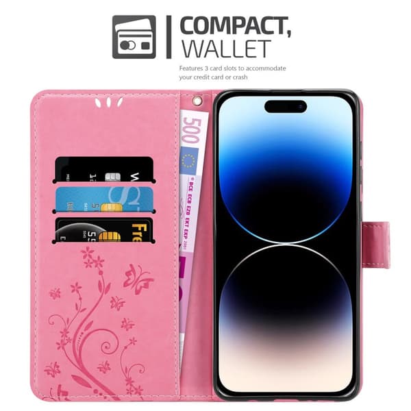 Deksel til iPhone 14 PRO Lommebokdeksel i blomster design med magnetisk lukking, stativfunksjon og kortplasser