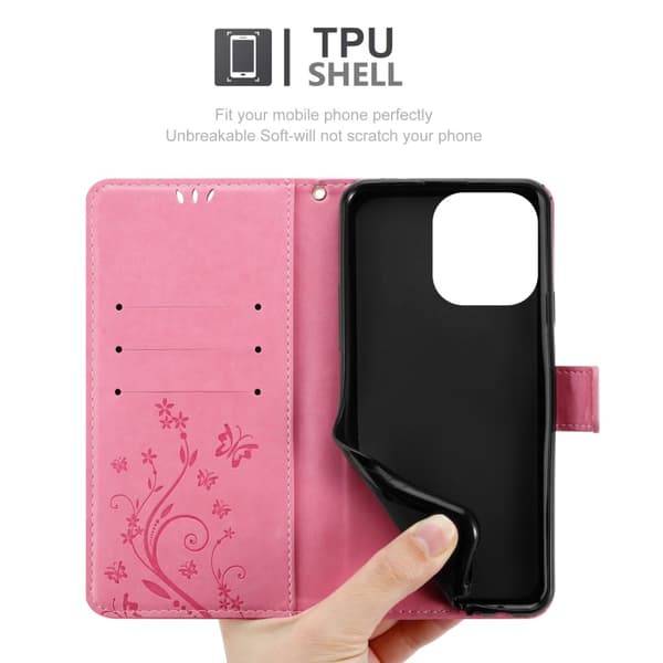 Deksel til iPhone 14 PRO Lommebokdeksel i blomster design med magnetisk lukking, stativfunksjon og kortplasser