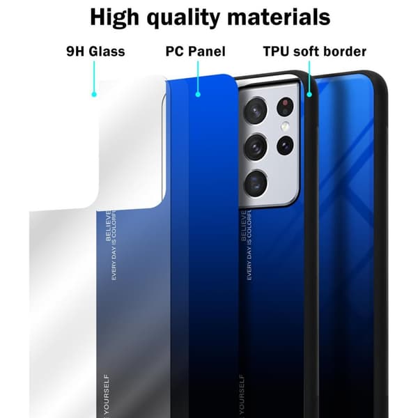 Samsung Galaxy S21 ULTRA Suojakuori Suojakotelo Kaksivärinen joka on valmistettu TPU-silikonista ja jonka takaosa on valmistettu karkaistusta lasista