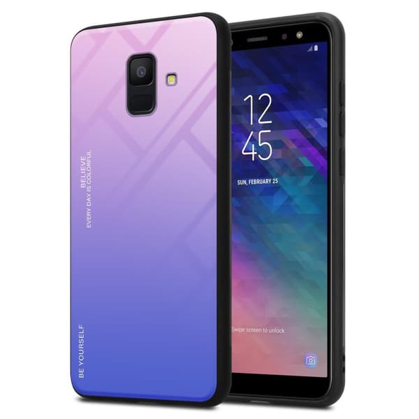 Samsung Galaxy A6 2018 Suojakuori Suojakotelo Kaksivärinen joka on valmistettu TPU-silikonista ja jonka takaosa on valmistettu karkaistusta lasista PINKKI - SININEN