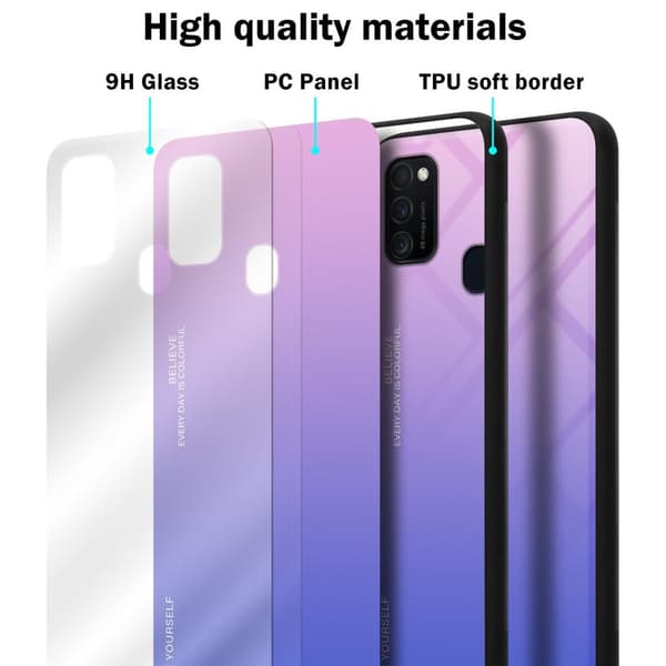 Samsung Galaxy M21 / M30s Suojakuori Suojakotelo Kaksivärinen joka on valmistettu TPU-silikonista ja jonka takaosa on valmistettu karkaistusta lasista