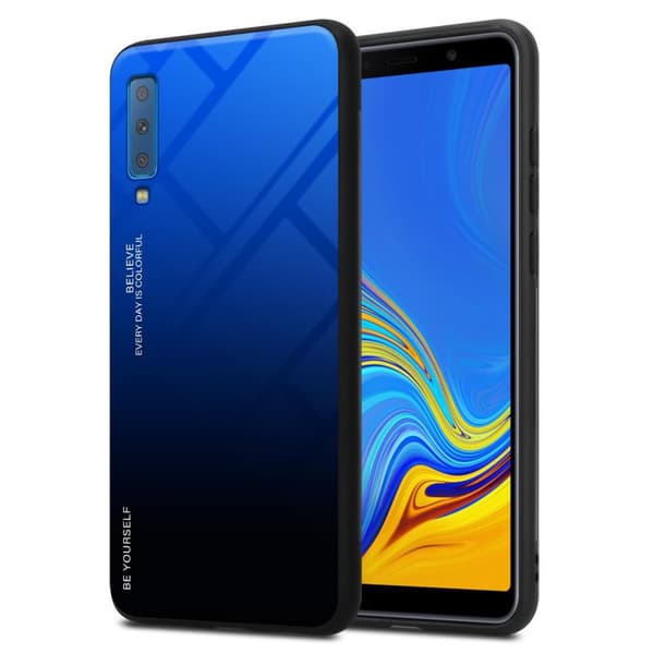 Samsung Galaxy A7 2018 Suojakuori Suojakotelo Kaksivärinen joka on valmistettu TPU-silikonista ja jonka takaosa on valmistettu karkaistusta lasista