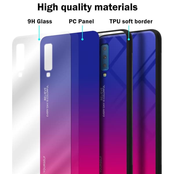 Samsung Galaxy A7 2018 Suojakuori Suojakotelo Kaksivärinen joka on valmistettu TPU-silikonista ja jonka takaosa on valmistettu karkaistusta lasista