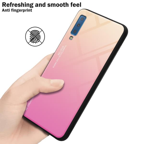 Samsung Galaxy A7 2018 Suojakuori Suojakotelo Kaksivärinen joka on valmistettu TPU-silikonista ja jonka takaosa on valmistettu karkaistusta lasista