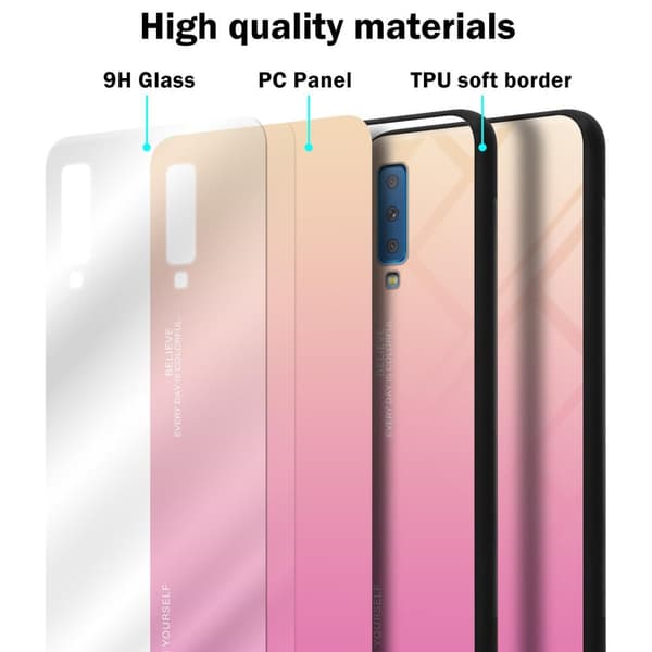 Samsung Galaxy A7 2018 Suojakuori Suojakotelo Kaksivärinen joka on valmistettu TPU-silikonista ja jonka takaosa on valmistettu karkaistusta lasista
