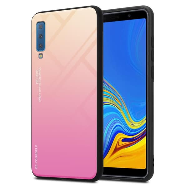 Samsung Galaxy A7 2018 Suojakuori Suojakotelo Kaksivärinen joka on valmistettu TPU-silikonista ja jonka takaosa on valmistettu karkaistusta lasista