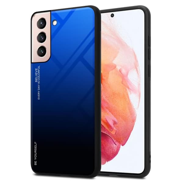 Samsung Galaxy S21 5G Skal Fodral i två färger av TPU-silikon och baksida av härdat glas Case Cover Mobilskydd BLÅ - SVART