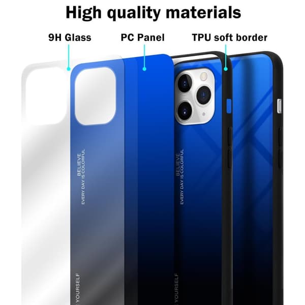 iPhone 11 PRO Suojakuori Suojakotelo Kaksivärinen joka on valmistettu TPU-silikonista ja jonka takaosa on valmistettu karkaistusta lasista