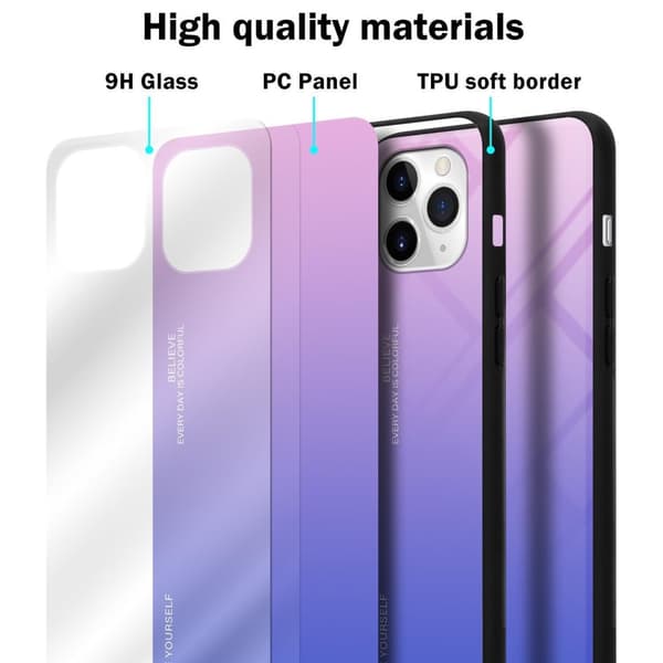 iPhone 11 PRO Suojakuori Suojakotelo Kaksivärinen joka on valmistettu TPU-silikonista ja jonka takaosa on valmistettu karkaistusta lasista
